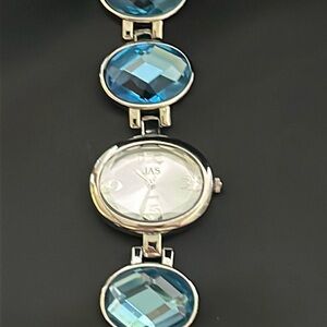 JAS Quartz Blue Stone and Silver Metal Bezel Watch